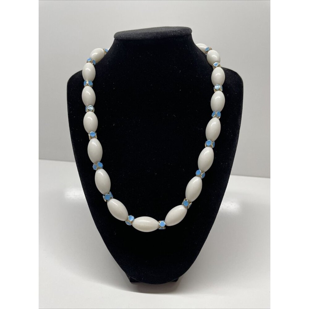 Vintage Necklace blue‎ white beads signed Hong Kong plastic Gold Tone Retro